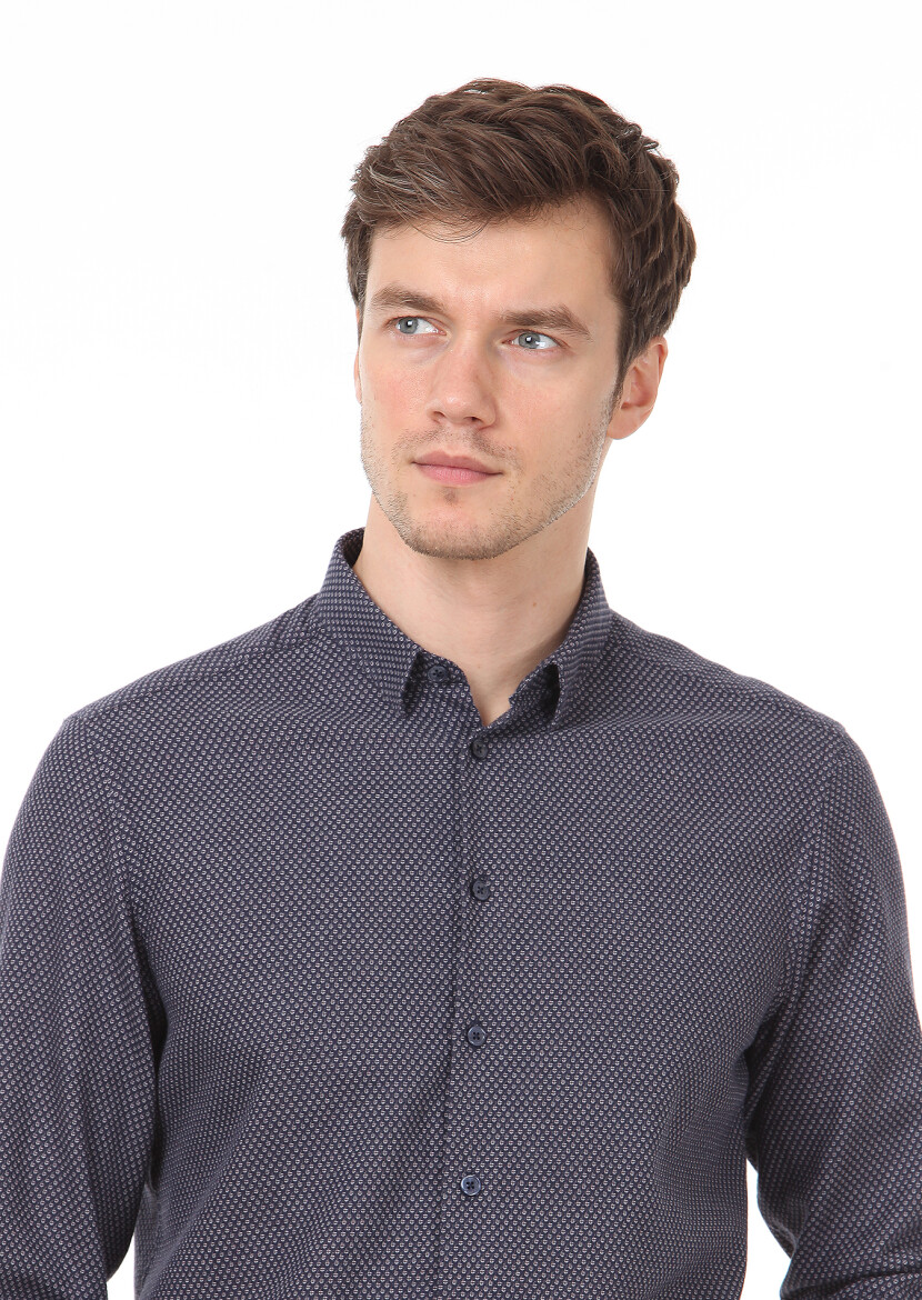 Lacivert Desenli Regular Fit Uzun Dokuma Casual %100 Pamuk Gömlek - 2