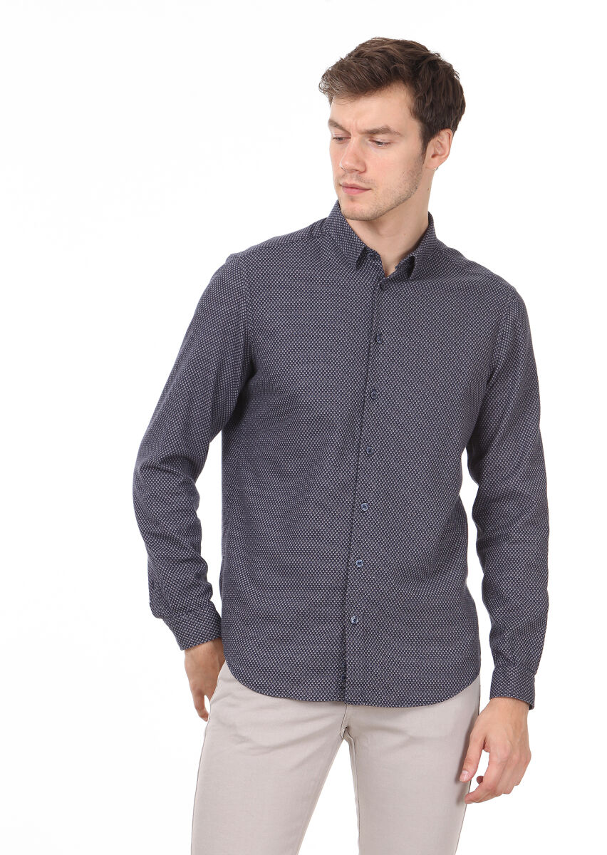 Lacivert Desenli Regular Fit Uzun Dokuma Casual %100 Pamuk Gömlek - 3