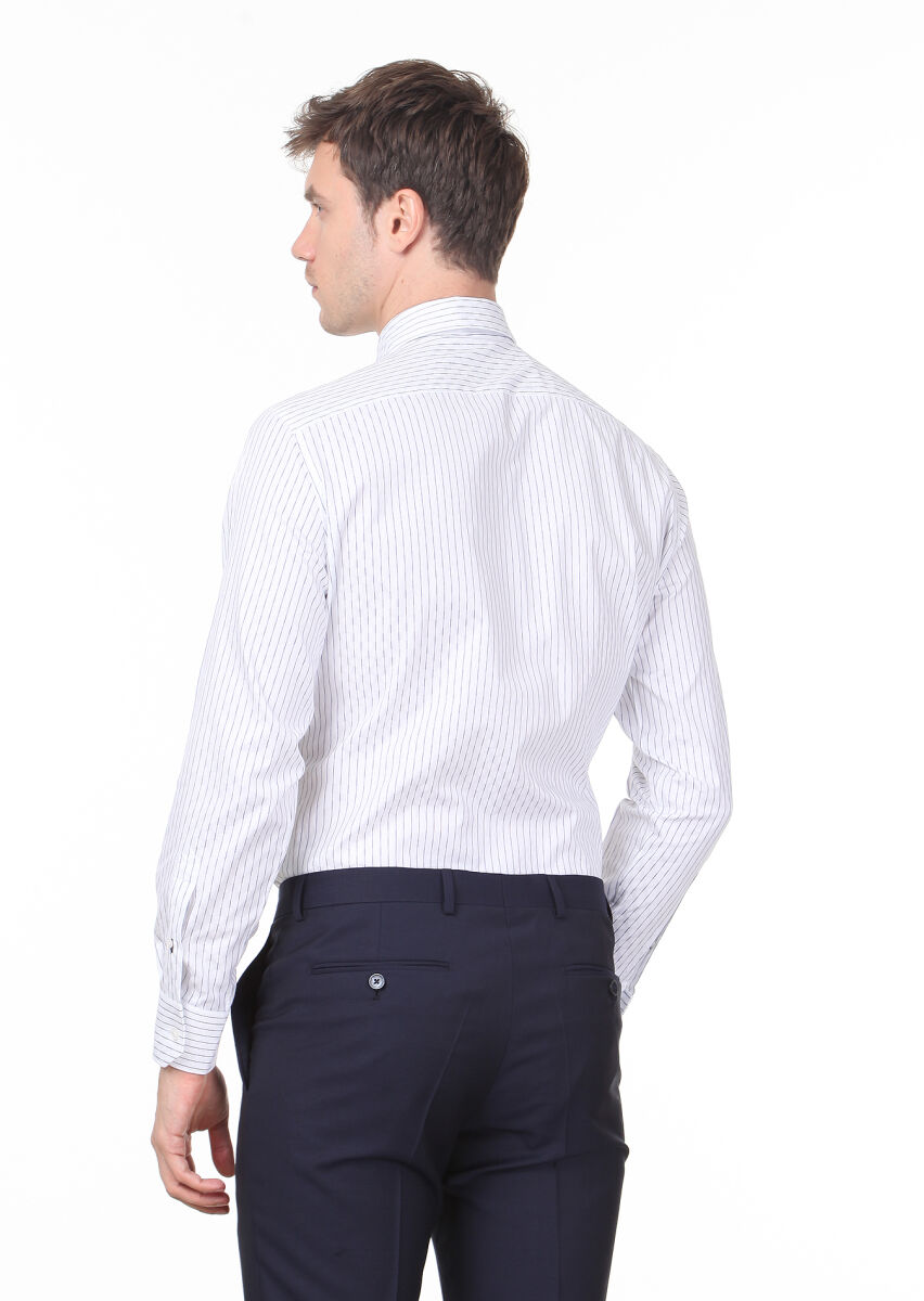 Lacivert Desenli Regular Fit Uzun Dokuma Klasik %100 Pamuk Gömlek - 4