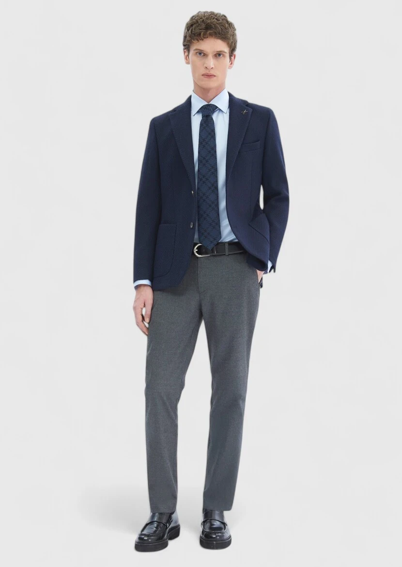 Lacivert Desenli Shirt Shoulder Slim Fit Yün Karışımlı Örme Ceket - RAMSEY