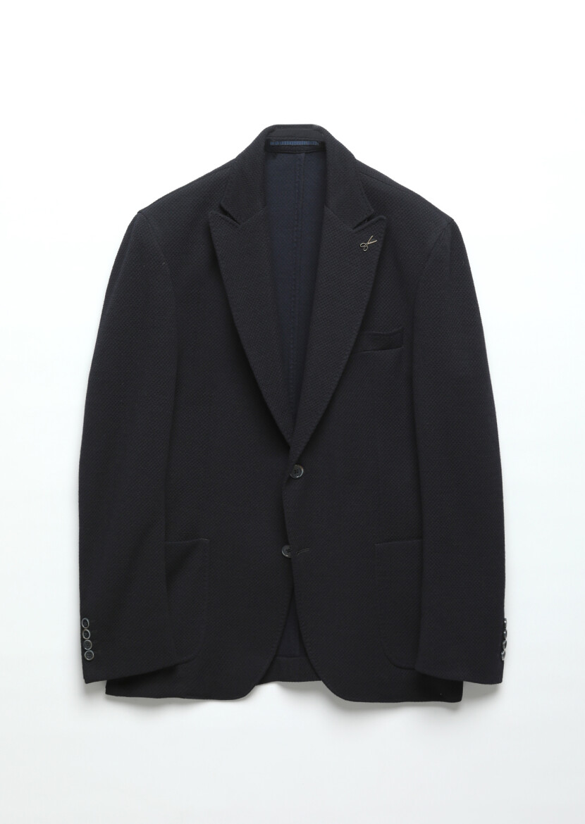 Lacivert Desenli Shirt Shoulder Slim Fit Yün Karışımlı Örme Ceket - 7