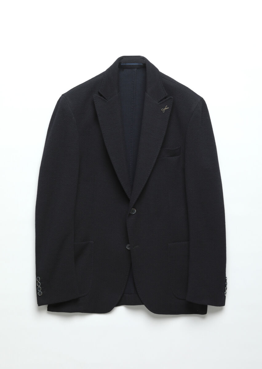 Lacivert Desenli Shirt Shoulder Slim Fit Yün Karışımlı Örme Ceket - 7