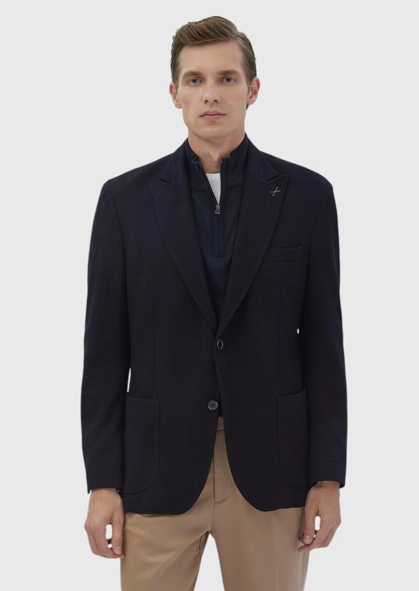 Lacivert Desenli Shirt Shoulder Slim Fit Yün Karışımlı Örme Ceket - RAMSEY