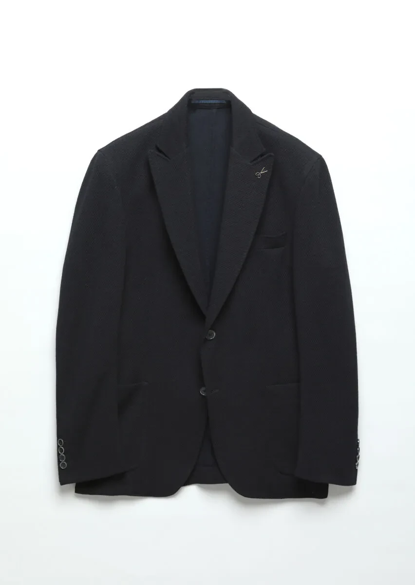 Lacivert Desenli Shirt Shoulder Slim Fit Yün Karışımlı Örme Ceket - 7