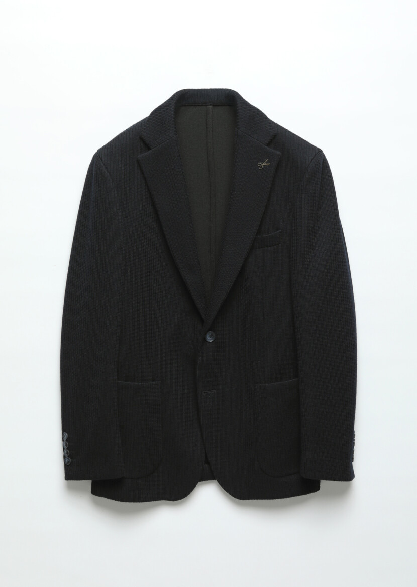 Lacivert Desenli Shirt Shoulder Slim Fit Yün Karışımlı Örme Ceket - 6