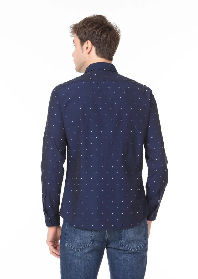 Lacivert Desenli Slim Fit Dokuma Casual %100 Pamuk Gömlek - 4