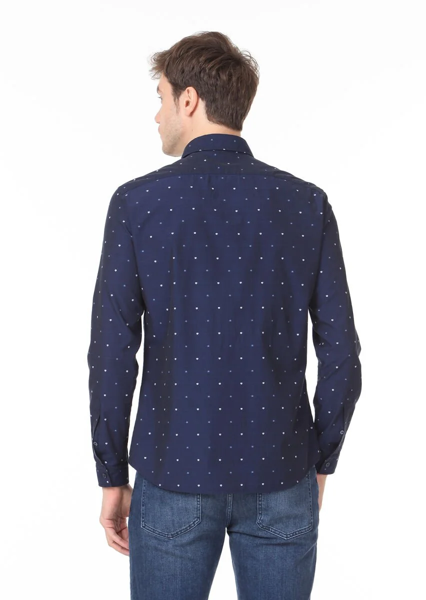 Lacivert Desenli Slim Fit Dokuma Casual %100 Pamuk Gömlek - 4