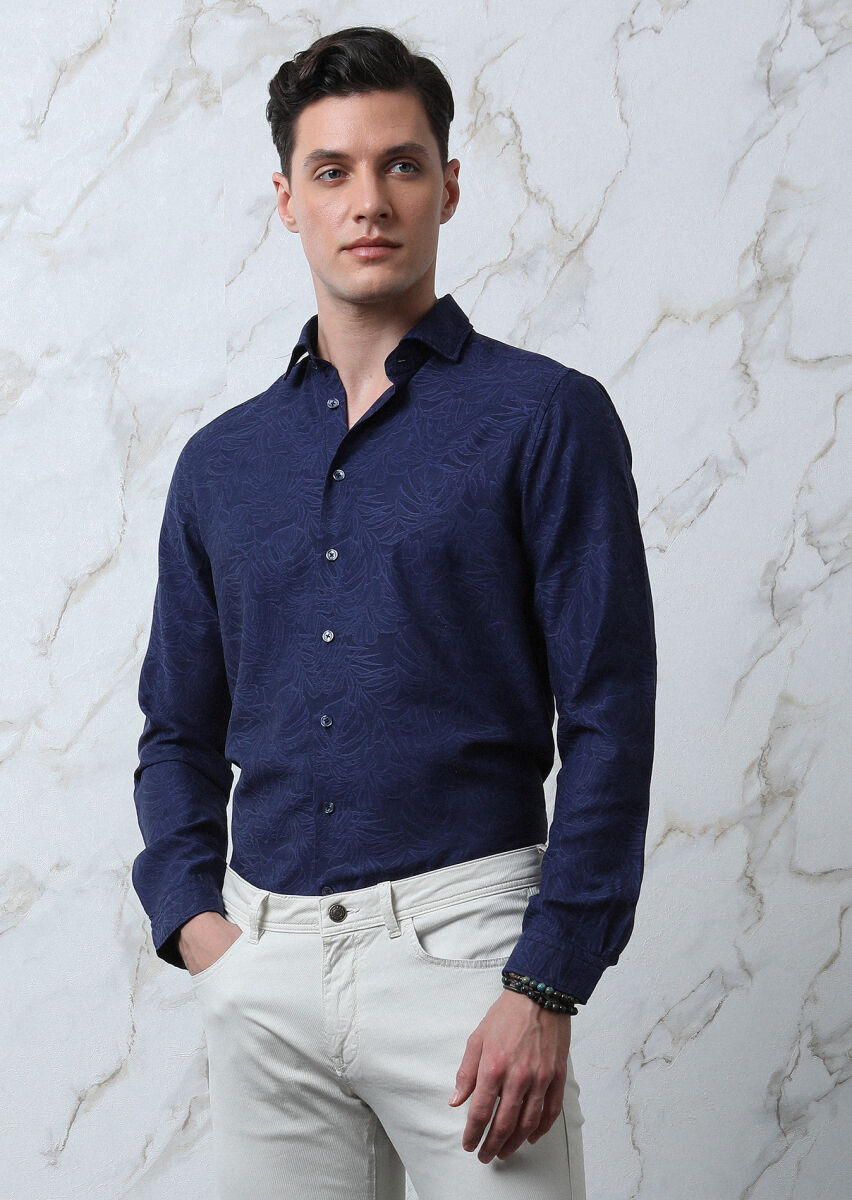 Lacivert Desenli Slim Fit Uzun Dokuma Casual Pamuk Karışımlı Gömlek - 1