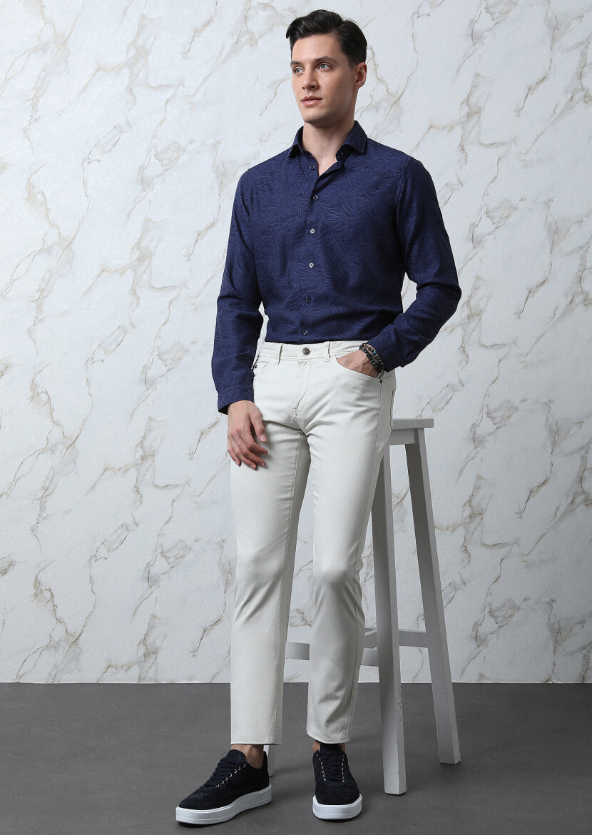 Lacivert Desenli Slim Fit Uzun Dokuma Casual Pamuk Karışımlı Gömlek 