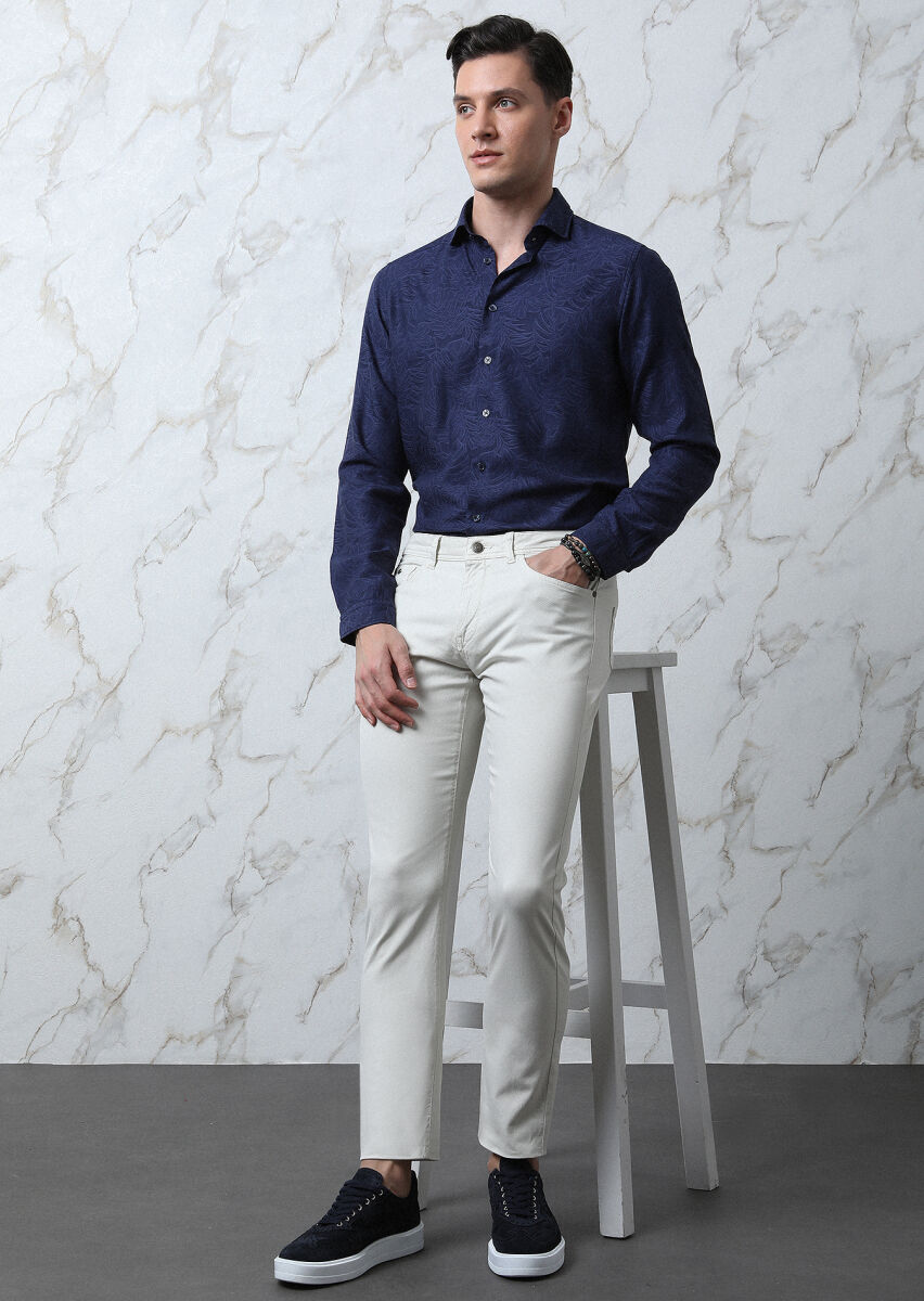 Lacivert Desenli Slim Fit Uzun Dokuma Casual Pamuk Karışımlı Gömlek - 2