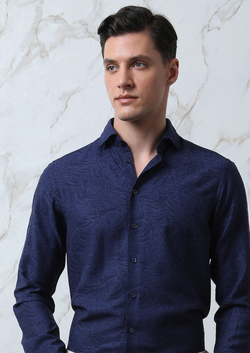 Lacivert Desenli Slim Fit Uzun Dokuma Casual Pamuk Karışımlı Gömlek - 4