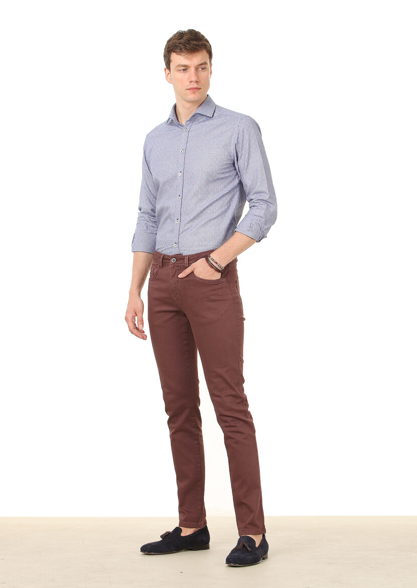 Lacivert Desenli Slim Fit Uzun Dokuma Klasik %100 Pamuk Gömlek - 3