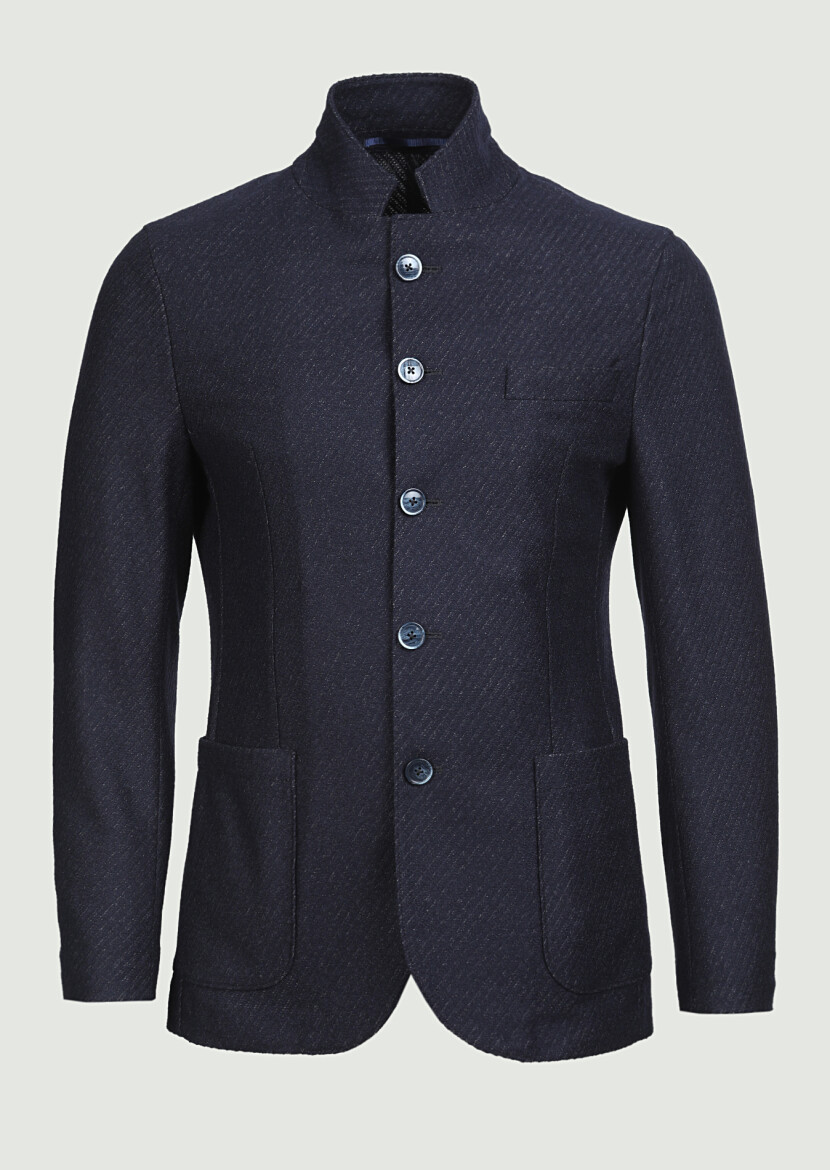 Lacivert Desenli Zerogravity Slim Fit Yün Karışımlı Örme Ceket - 1