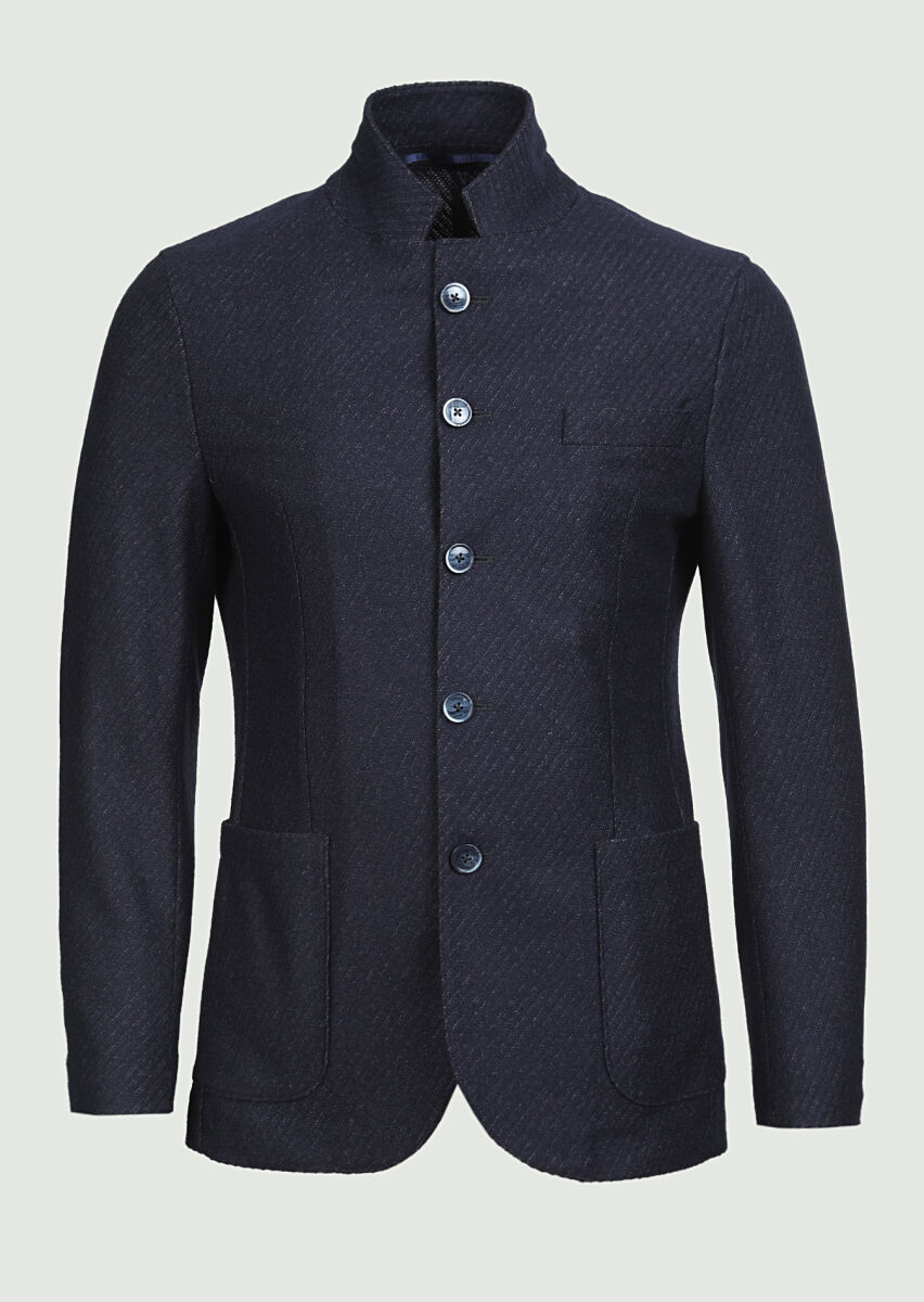 Lacivert Desenli Zerogravity Slim Fit Yün Karışımlı Örme Ceket - 1