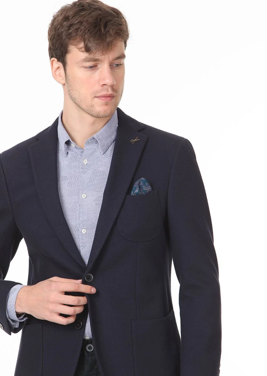Lacivert Desenli Zeroweight Slim Fit %100 Pamuk Örme Ceket - 2