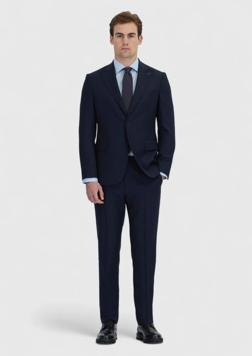Lacivert Desenli Zeroweight Slim Fit %100 Yün Takım Elbise - 2