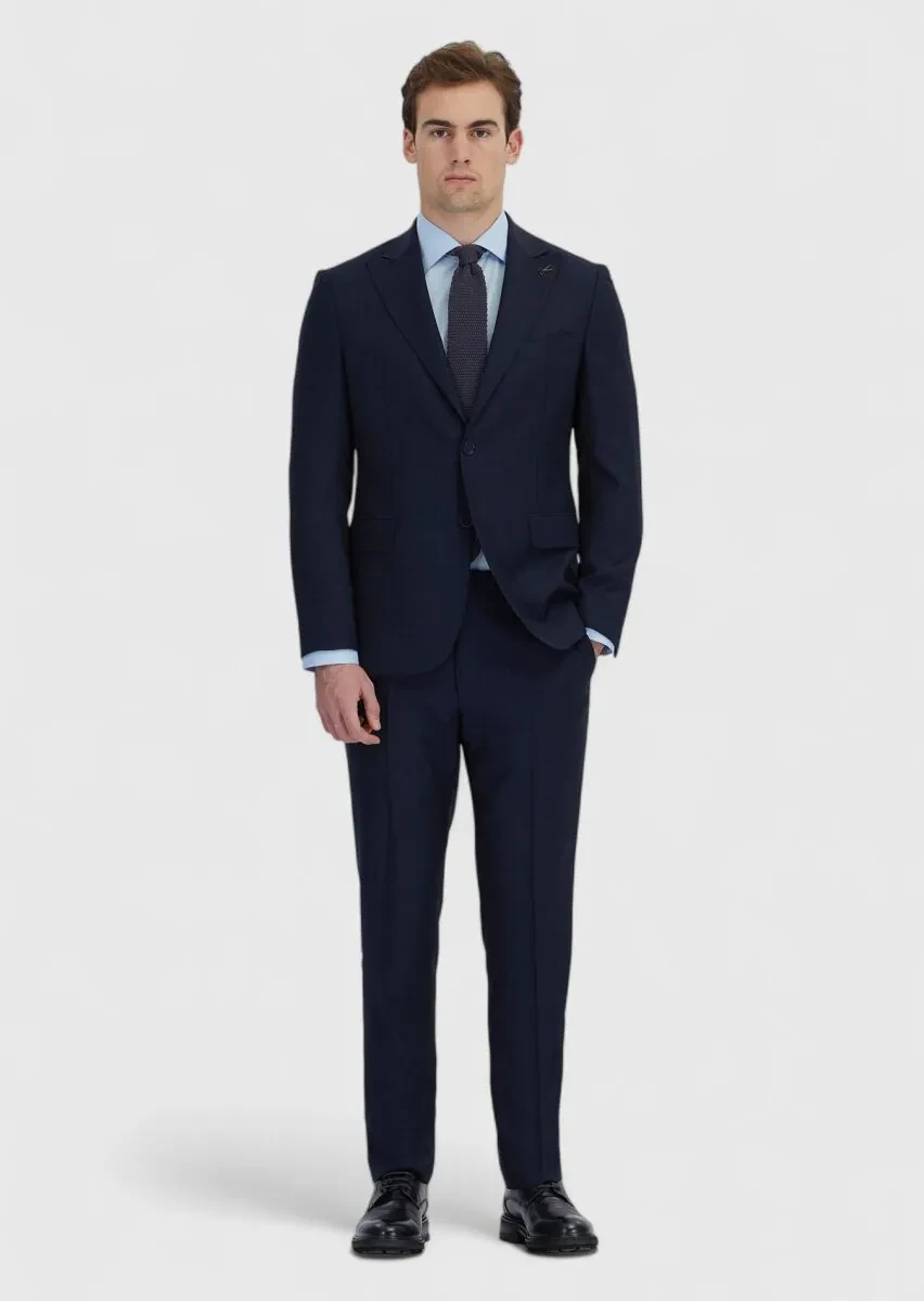 Lacivert Desenli Zeroweight Slim Fit %100 Yün Takım Elbise - 2