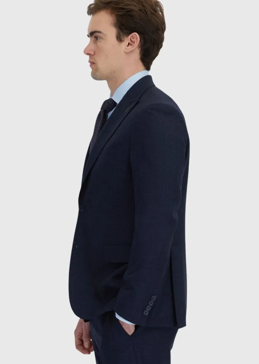Lacivert Desenli Zeroweight Slim Fit %100 Yün Takım Elbise - 4