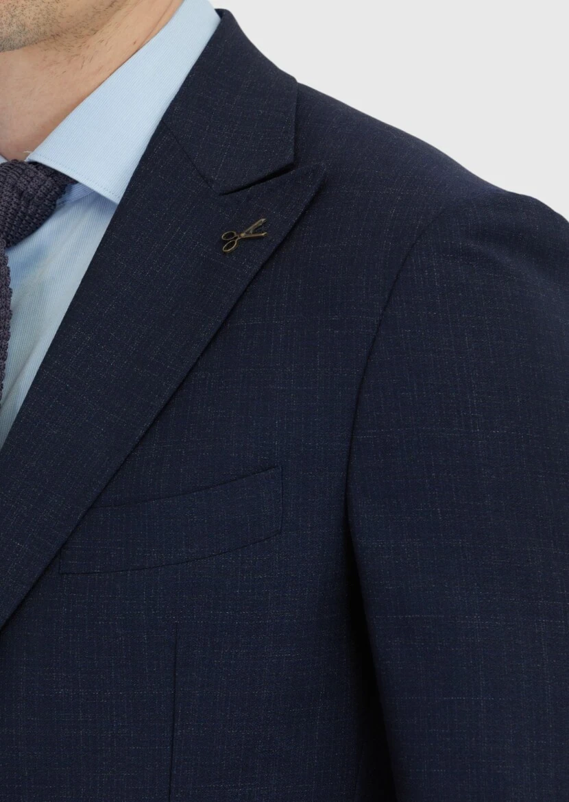 Lacivert Desenli Zeroweight Slim Fit %100 Yün Takım Elbise - 5