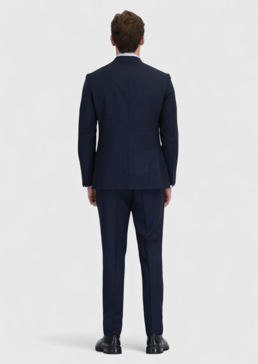 Lacivert Desenli Zeroweight Slim Fit %100 Yün Takım Elbise - 7