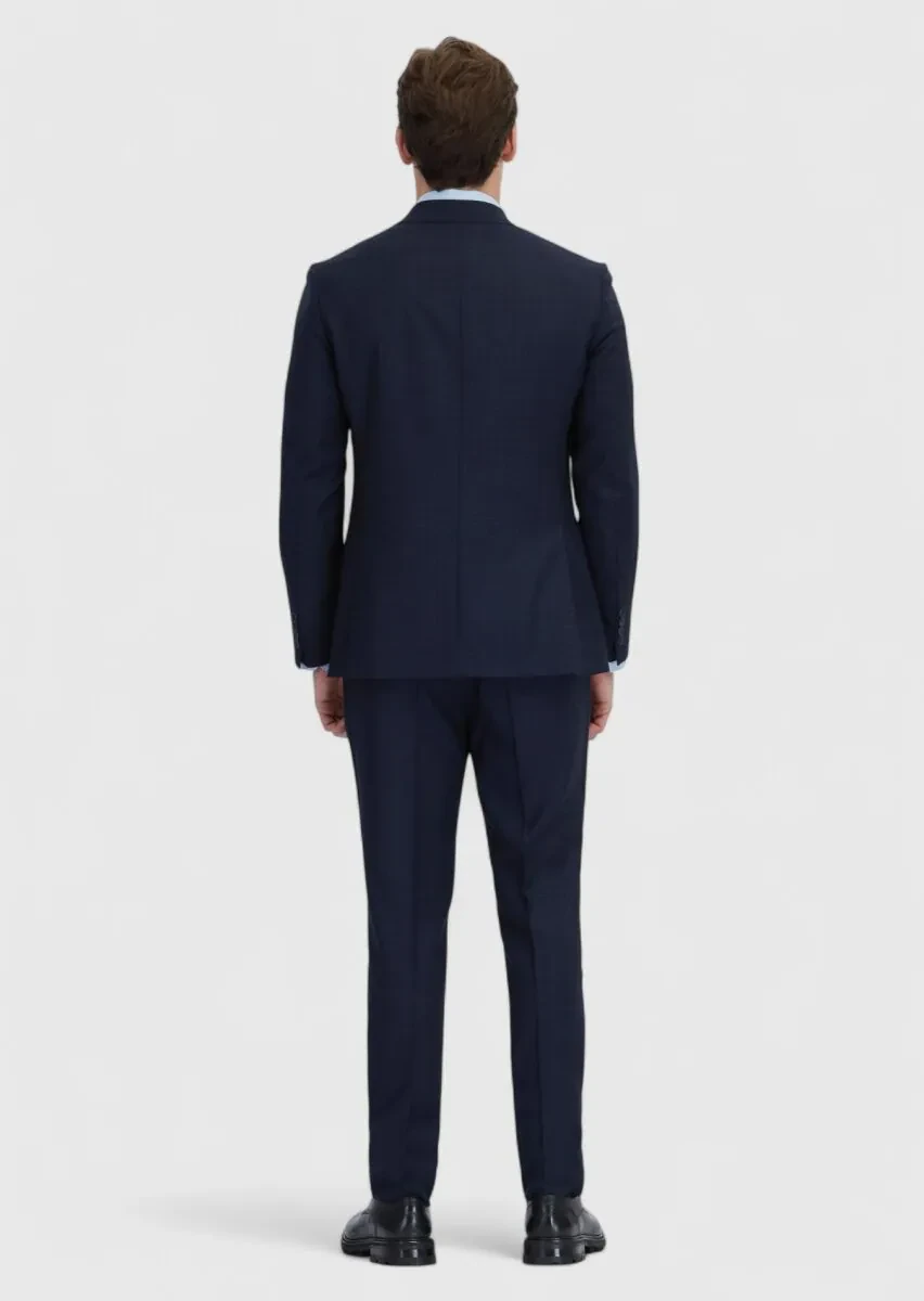 Lacivert Desenli Zeroweight Slim Fit %100 Yün Takım Elbise - 7