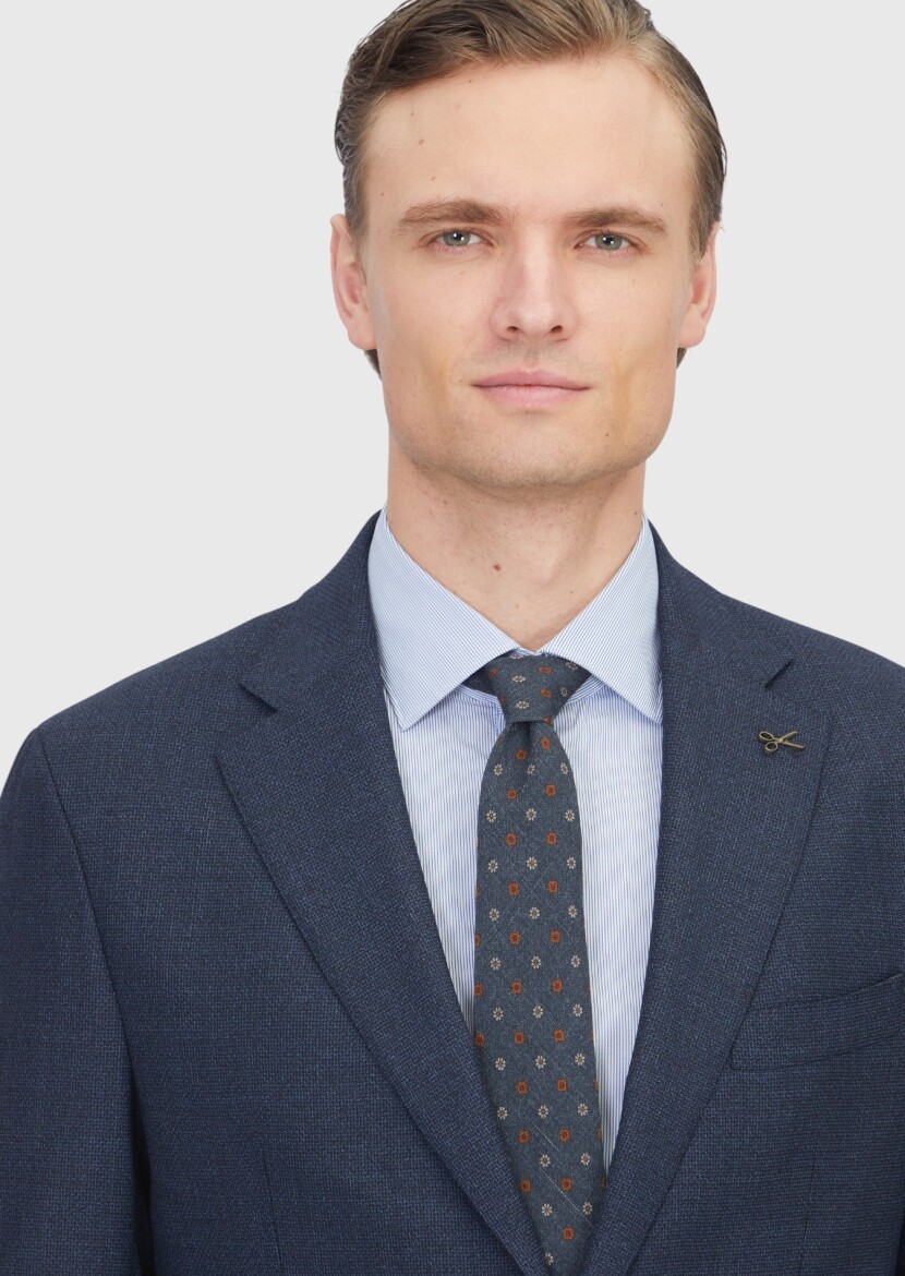 Lacivert Desenli Zeroweight Slim Fit %100 Yün Takım Elbise - 3