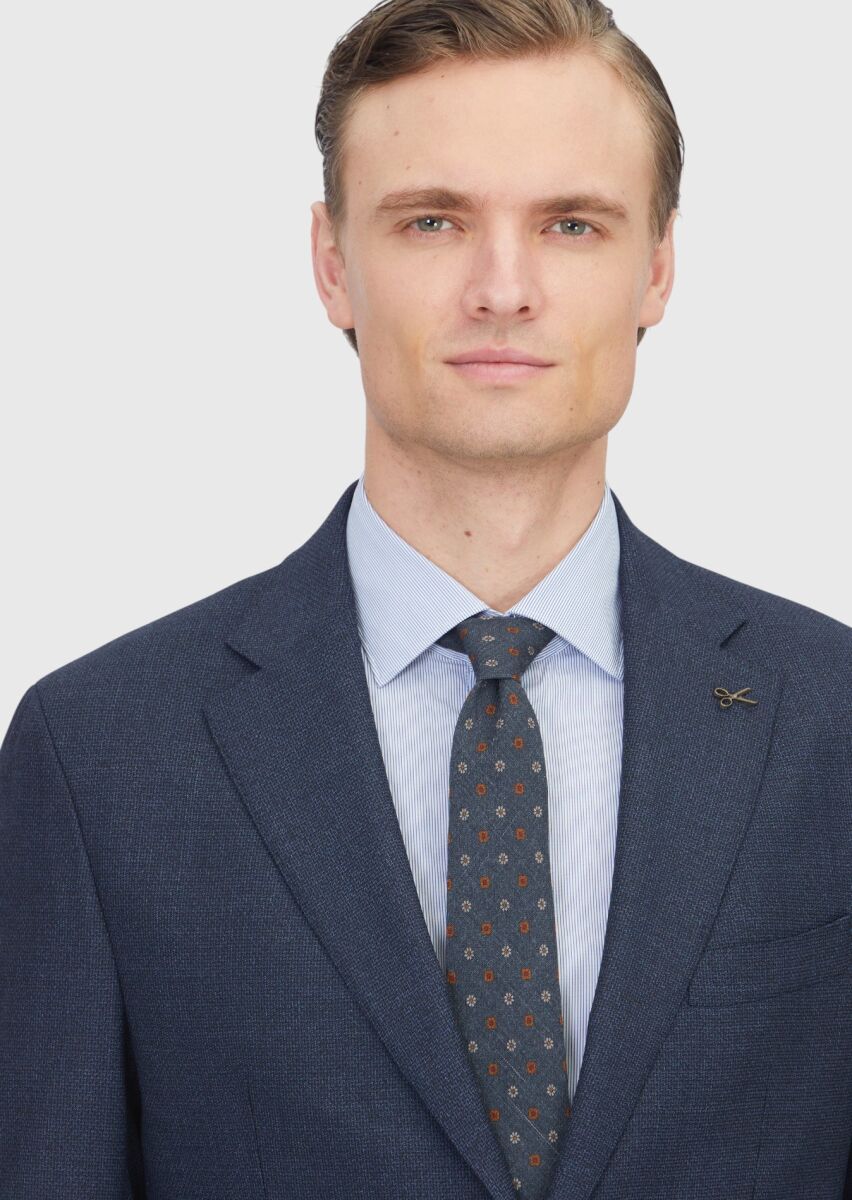 Lacivert Desenli Zeroweight Slim Fit %100 Yün Takım Elbise - 3