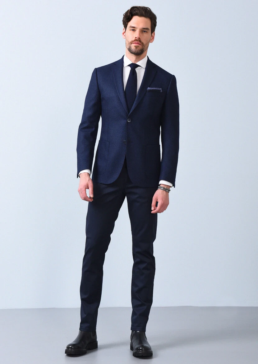 Lacivert Desenli Zeroweight Slim Fit İpek Karışımlı Ceket - 3