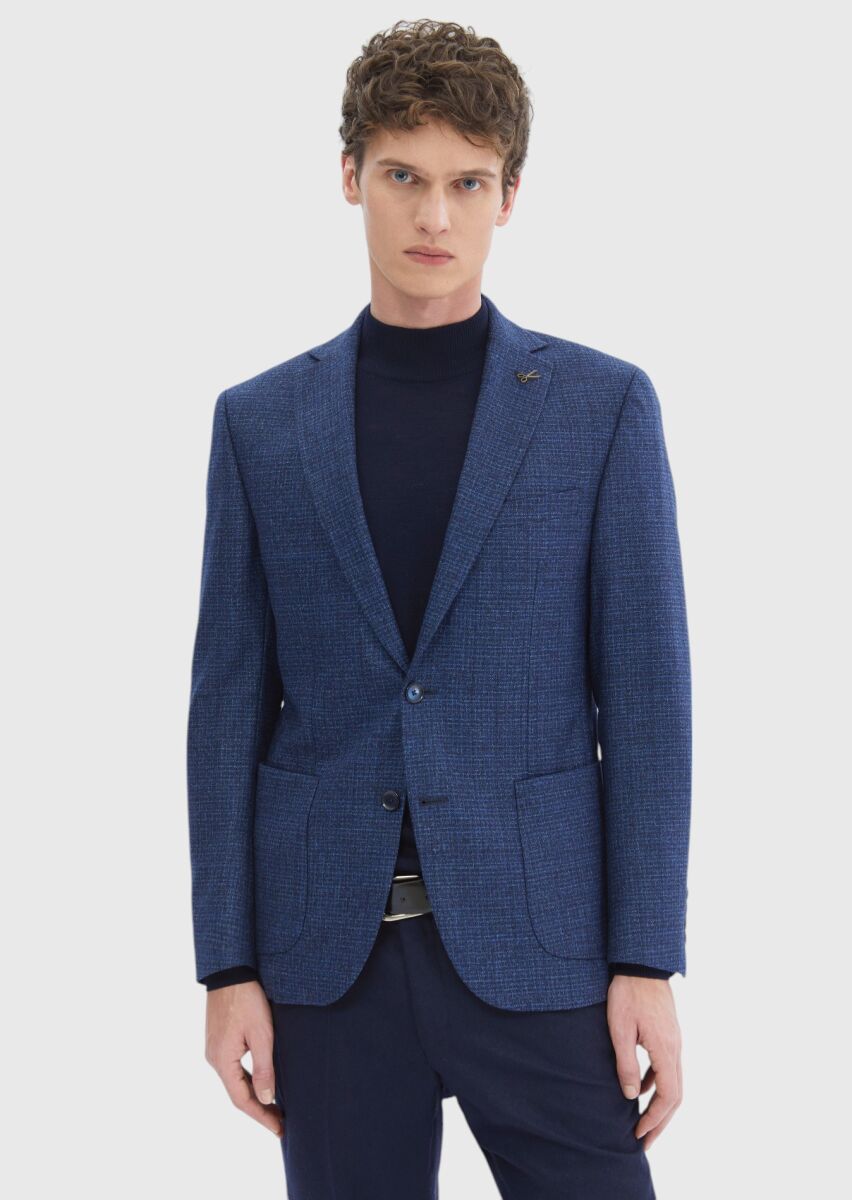Lacivert Desenli Zeroweight Slim Fit İpek Karışımlı Ceket - 1