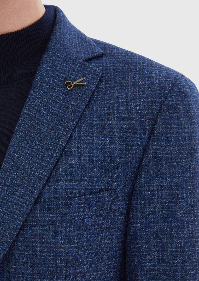 Lacivert Desenli Zeroweight Slim Fit İpek Karışımlı Ceket - 4