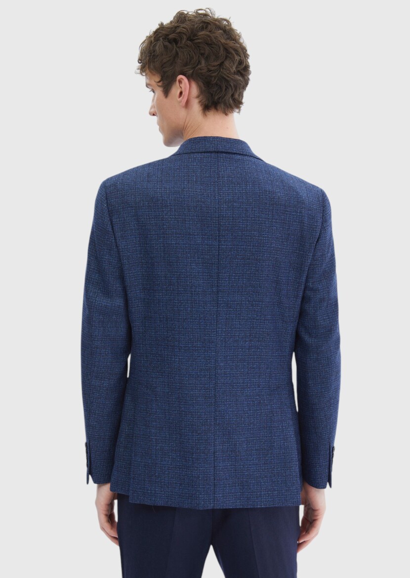 Lacivert Desenli Zeroweight Slim Fit İpek Karışımlı Ceket - 5