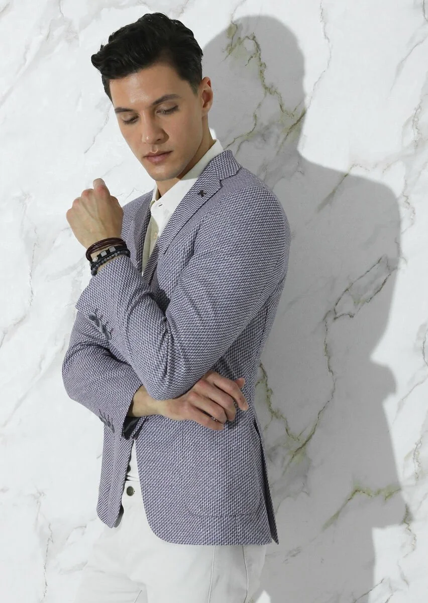 Lacivert Desenli Zeroweight Slim Fit Pamuk Karışımlı Örme Ceket - 3