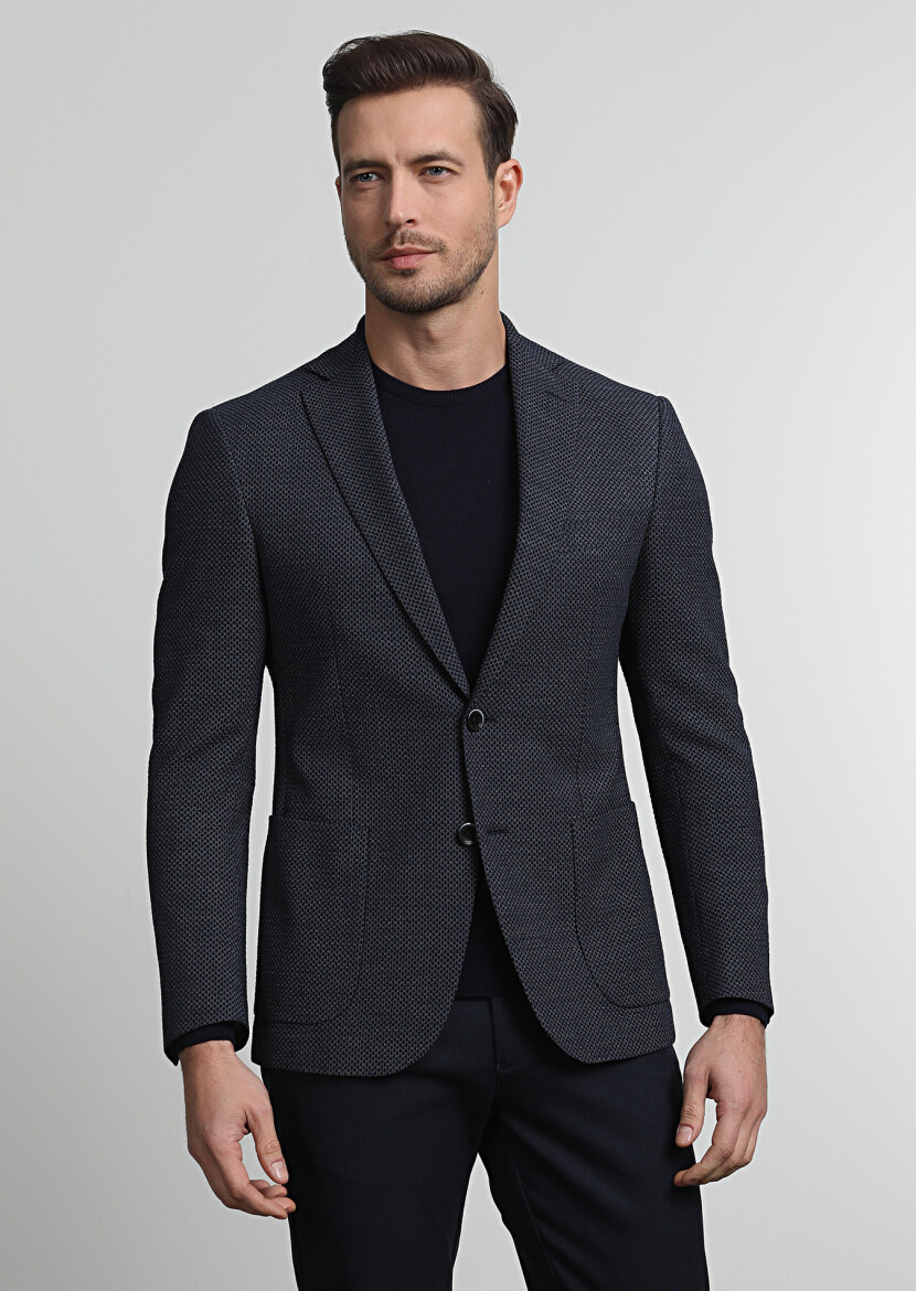 Lacivert Desenli Zeroweight Slim Fit Yün Karışımlı Ceket - 3