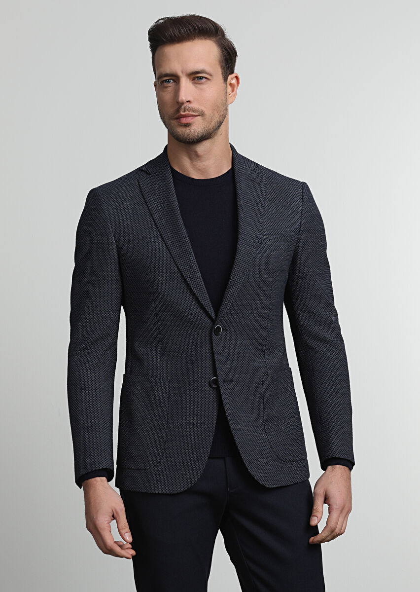 Lacivert Desenli Zeroweight Slim Fit Yün Karışımlı Ceket - 3