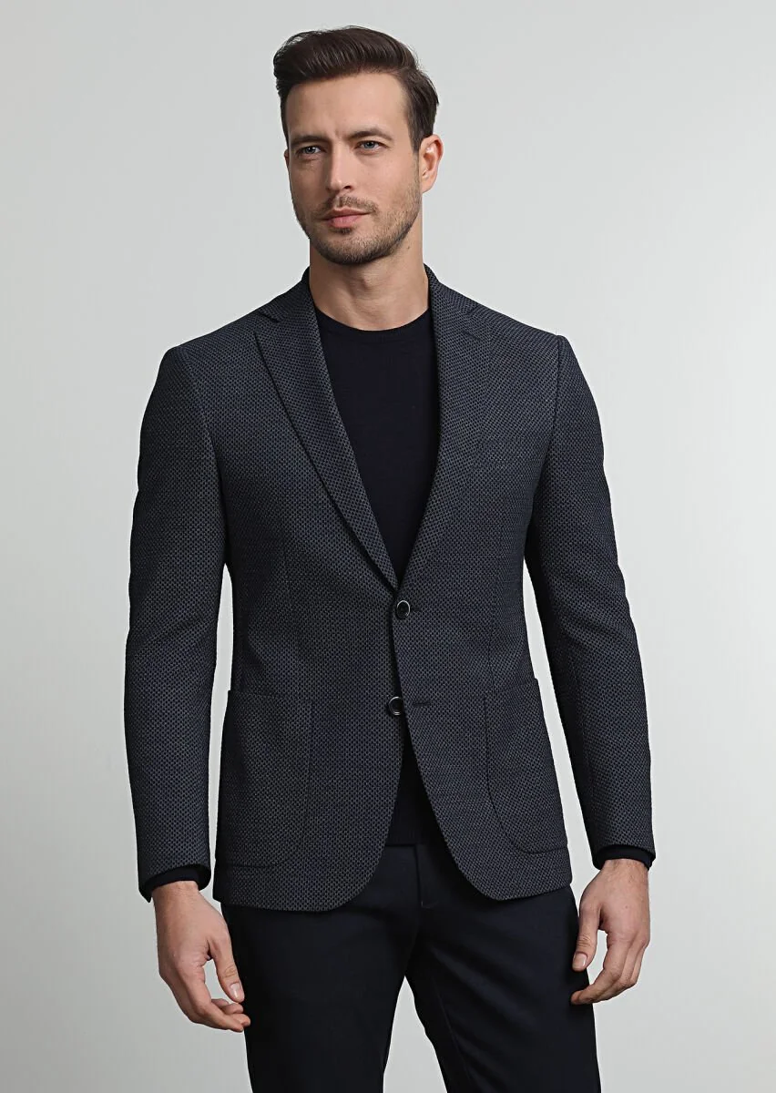 Lacivert Desenli Zeroweight Slim Fit Yün Karışımlı Ceket - 3