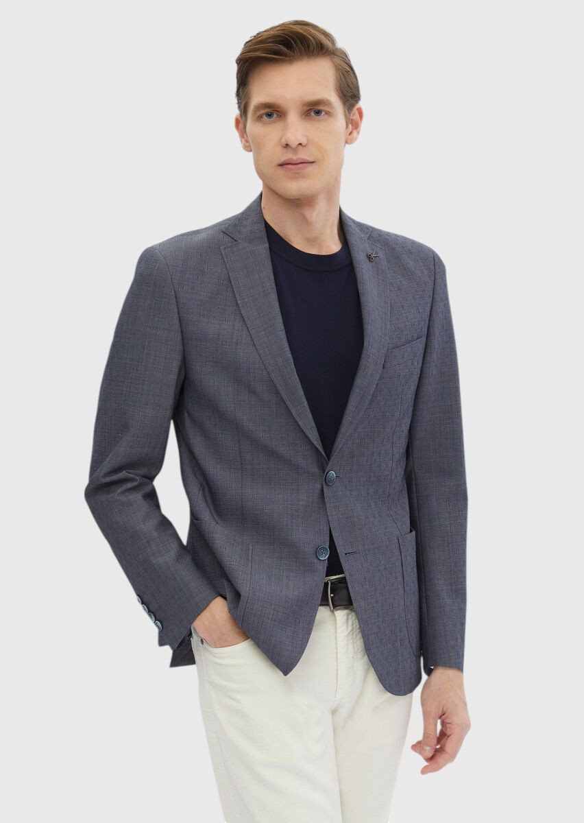 Lacivert Desenli Zeroweight Slim Fit Yün Karışımlı Ceket - 1