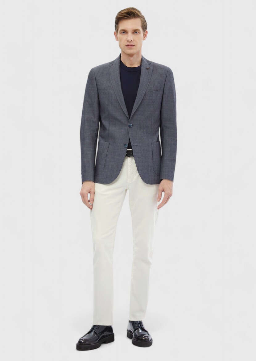 Lacivert Desenli Zeroweight Slim Fit Yün Karışımlı Ceket - 2