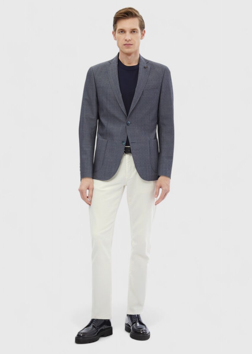 Lacivert Desenli Zeroweight Slim Fit Yün Karışımlı Ceket - 2