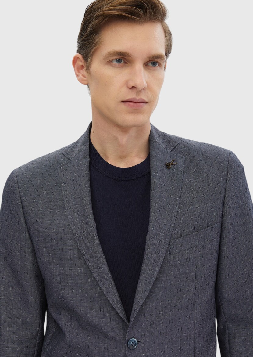 Lacivert Desenli Zeroweight Slim Fit Yün Karışımlı Ceket - 4
