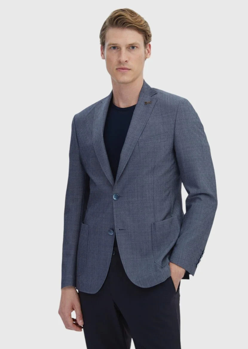Lacivert Desenli Zeroweight Slim Fit Yün Karışımlı Ceket - 1