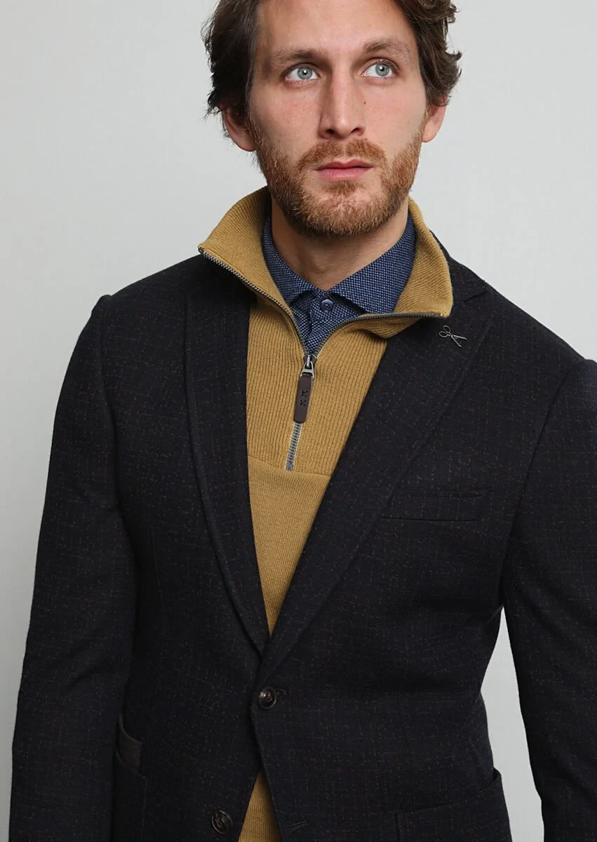 Lacivert Desenli Zeroweight Slim Fit Yün Karışımlı Örme Ceket - 1