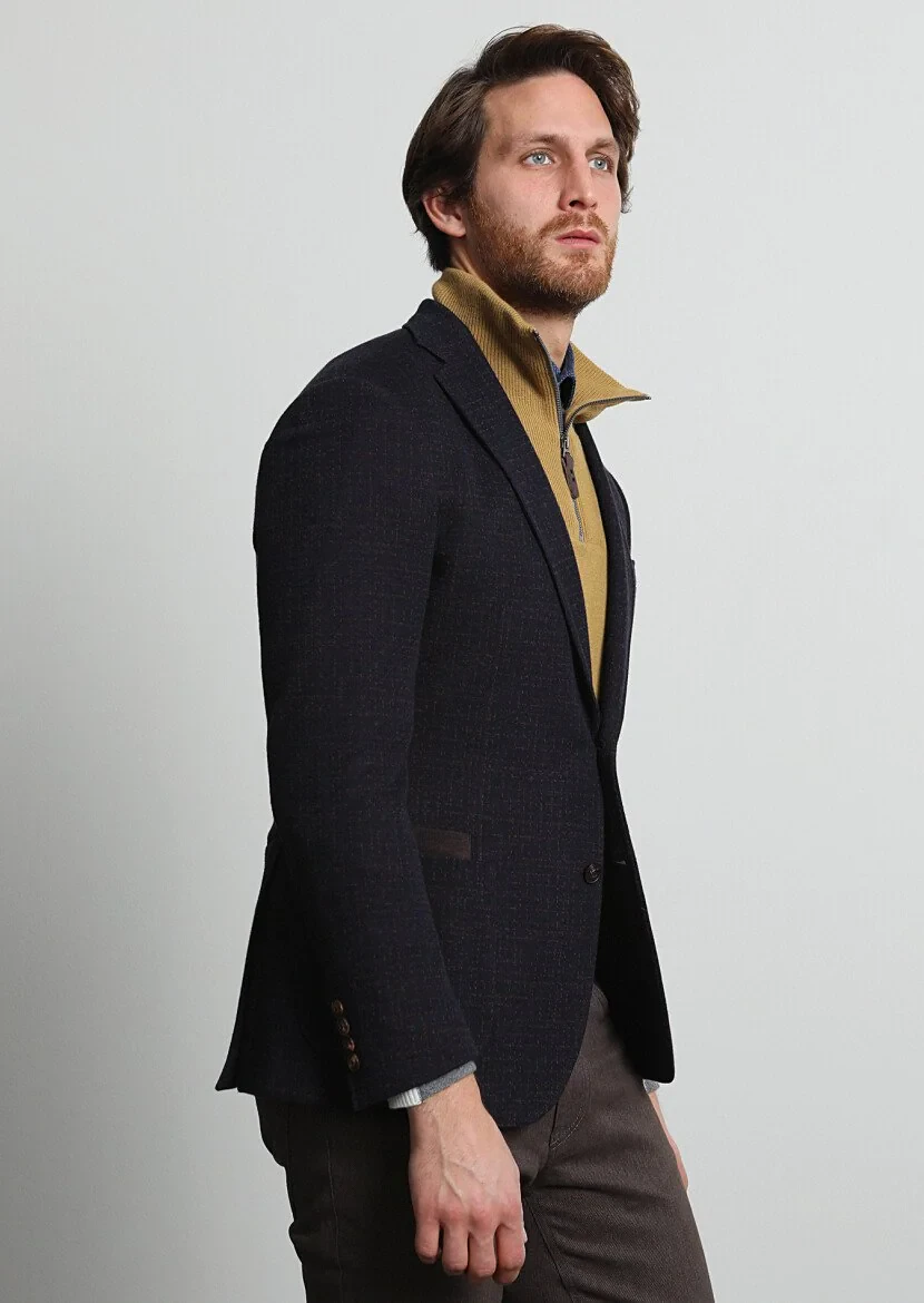 Lacivert Desenli Zeroweight Slim Fit Yün Karışımlı Örme Ceket - 2