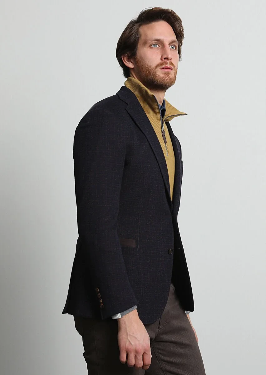Lacivert Desenli Zeroweight Slim Fit Yün Karışımlı Örme Ceket - 2