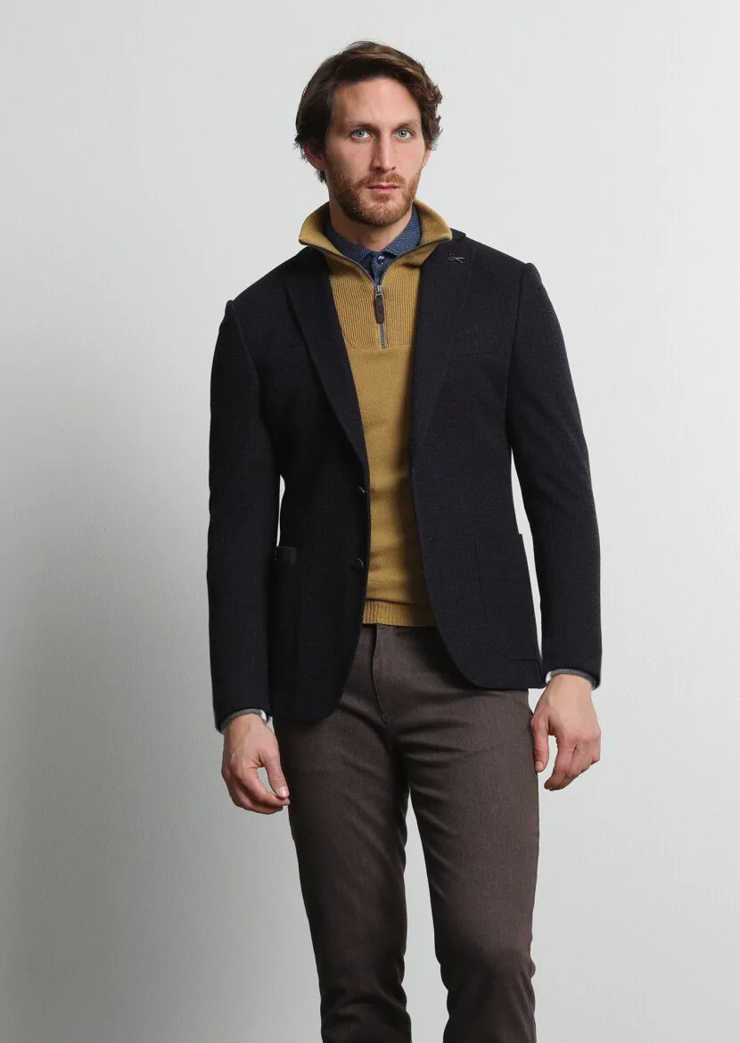 Lacivert Desenli Zeroweight Slim Fit Yün Karışımlı Örme Ceket - 3
