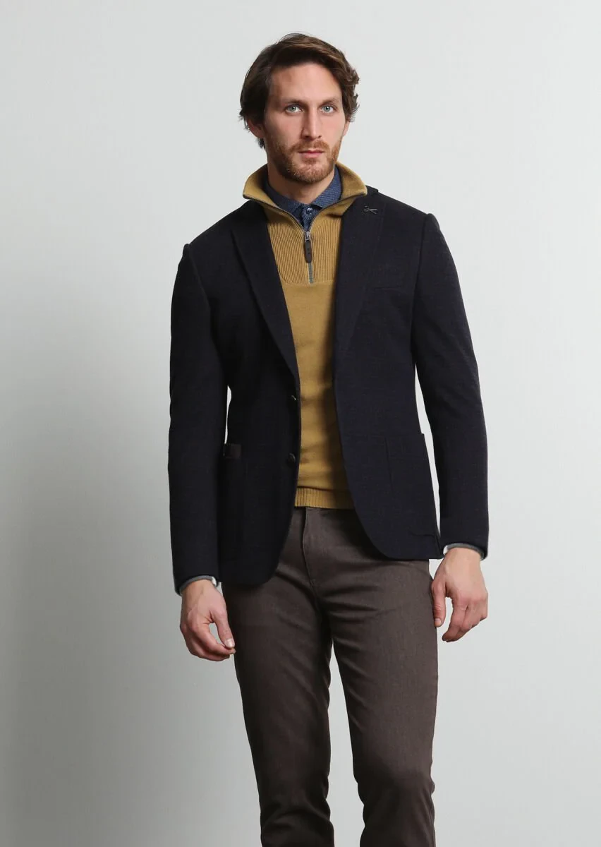 Lacivert Desenli Zeroweight Slim Fit Yün Karışımlı Örme Ceket - 3