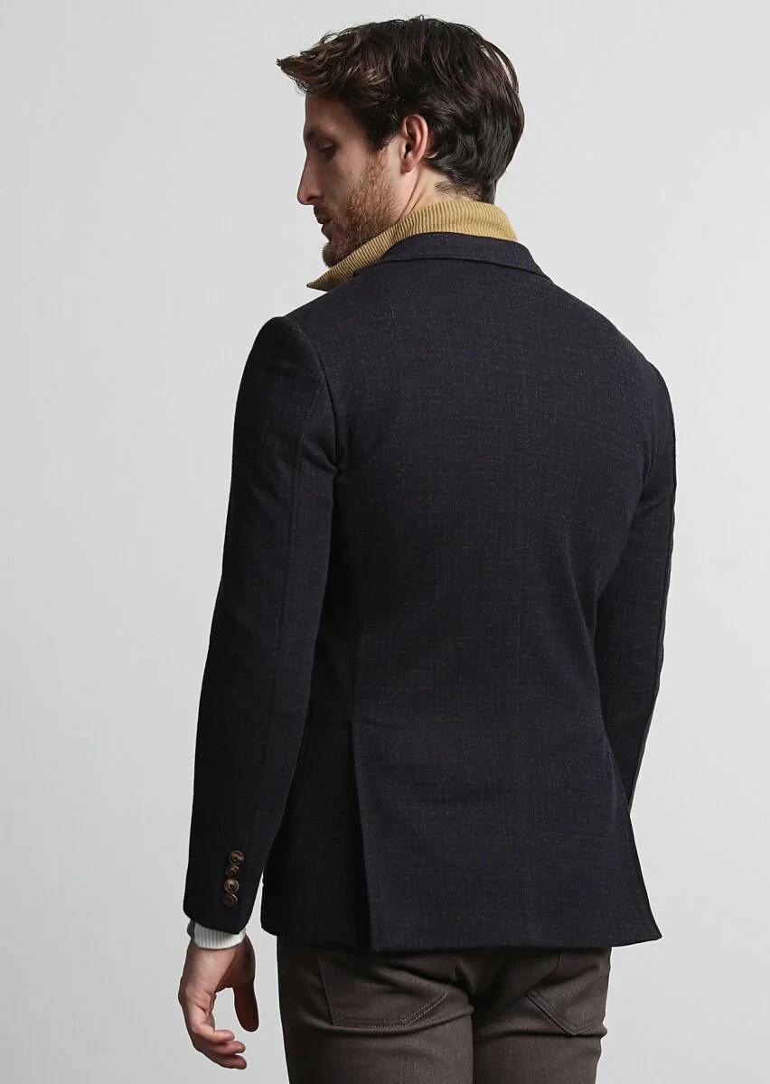 Lacivert Desenli Zeroweight Slim Fit Yün Karışımlı Örme Ceket - 4