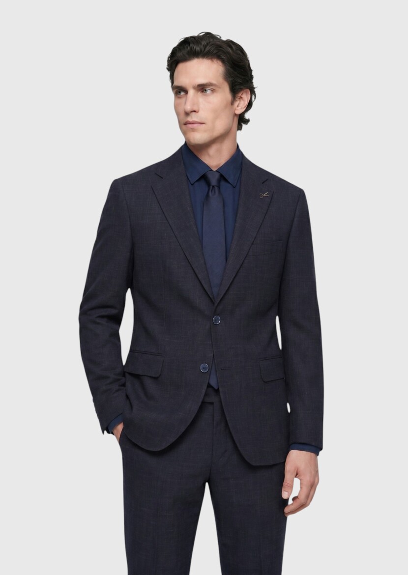 Lacivert Desenli Zeroweight Slim Fit Yün Karışımlı Takım Elbise - 1