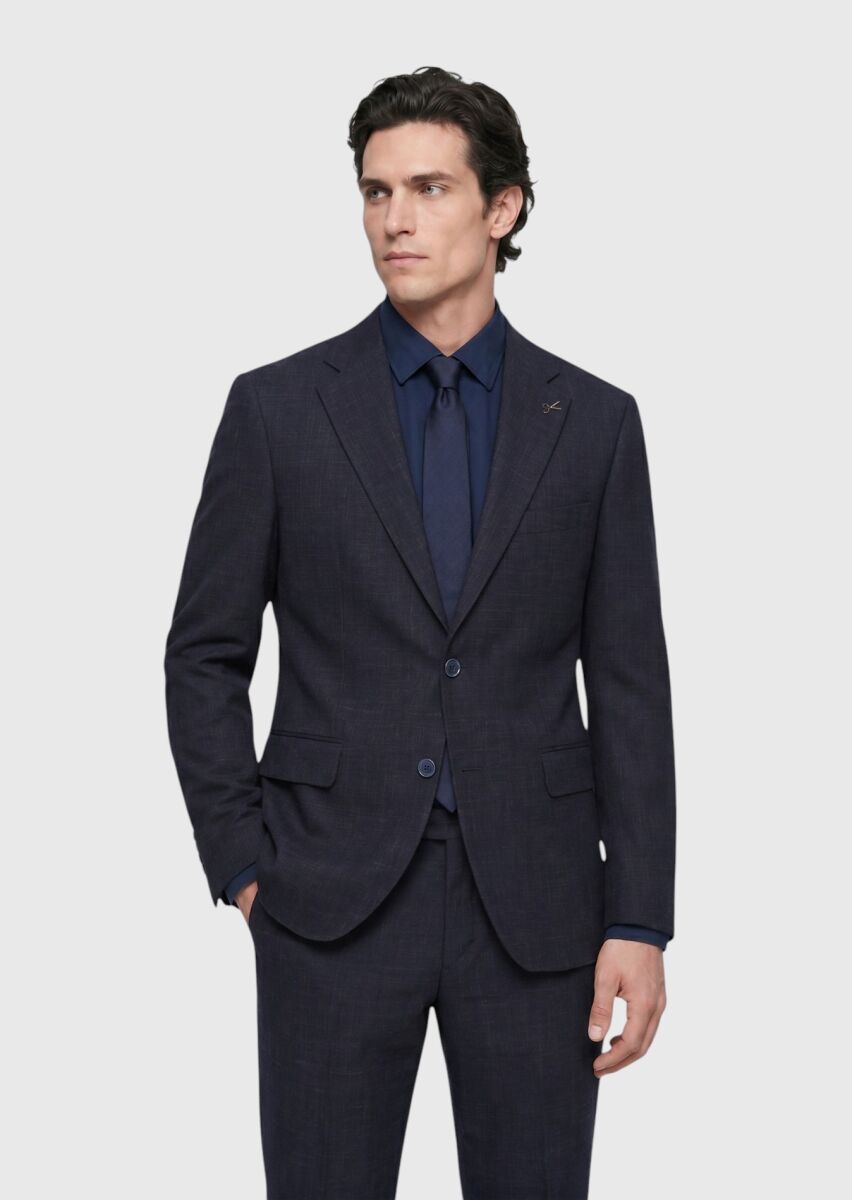 Lacivert Desenli Zeroweight Slim Fit Yün Karışımlı Takım Elbise - 1