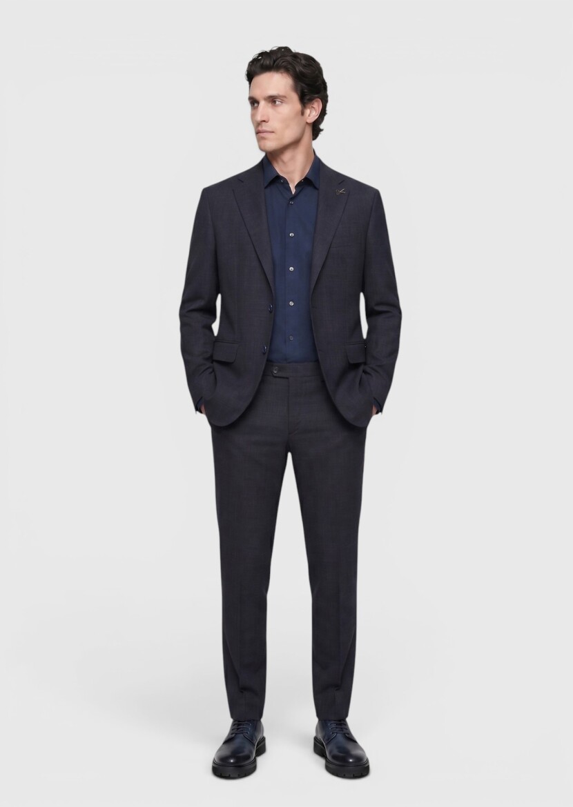 Lacivert Desenli Zeroweight Slim Fit Yün Karışımlı Takım Elbise - 4
