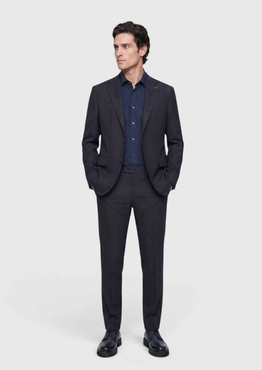 Lacivert Desenli Zeroweight Slim Fit Yün Karışımlı Takım Elbise - 4